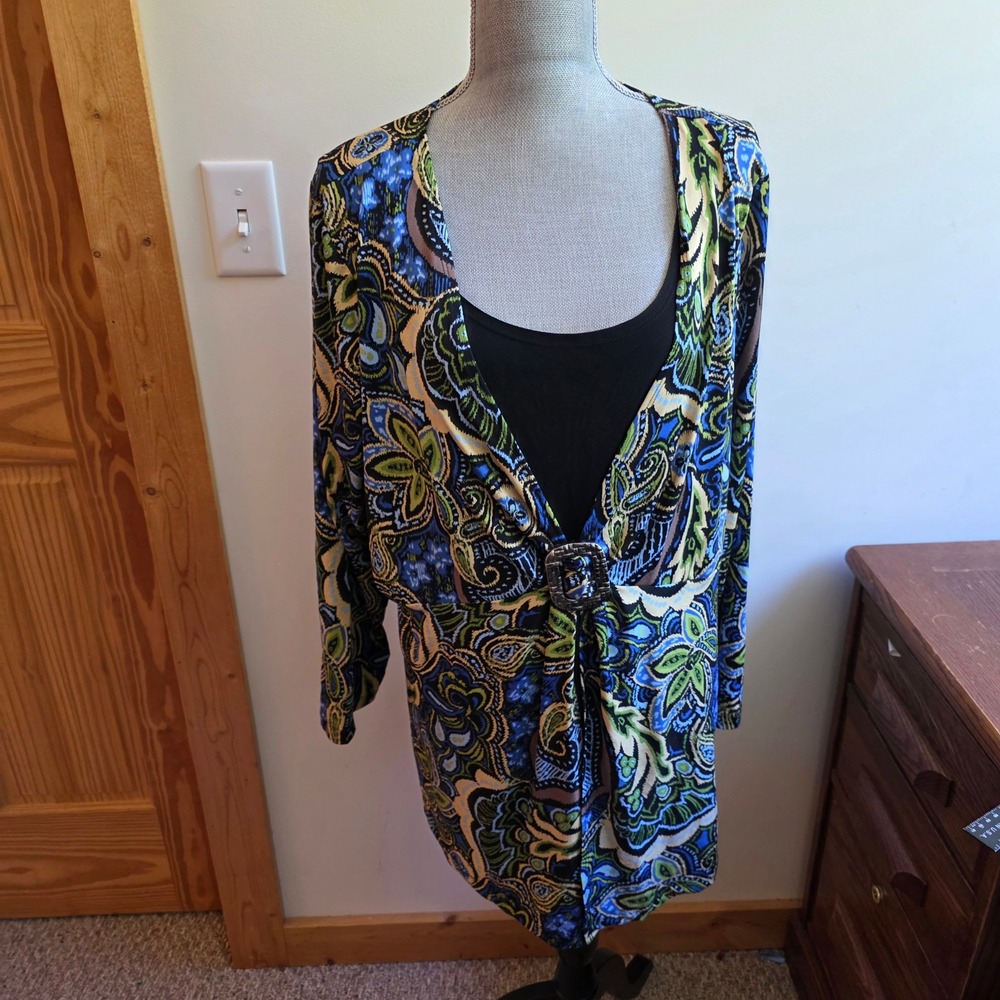 Susan Lawrence Woman Vintage Y2K Paisley Tunic Top Blue Green Plus 3X Lagenlook